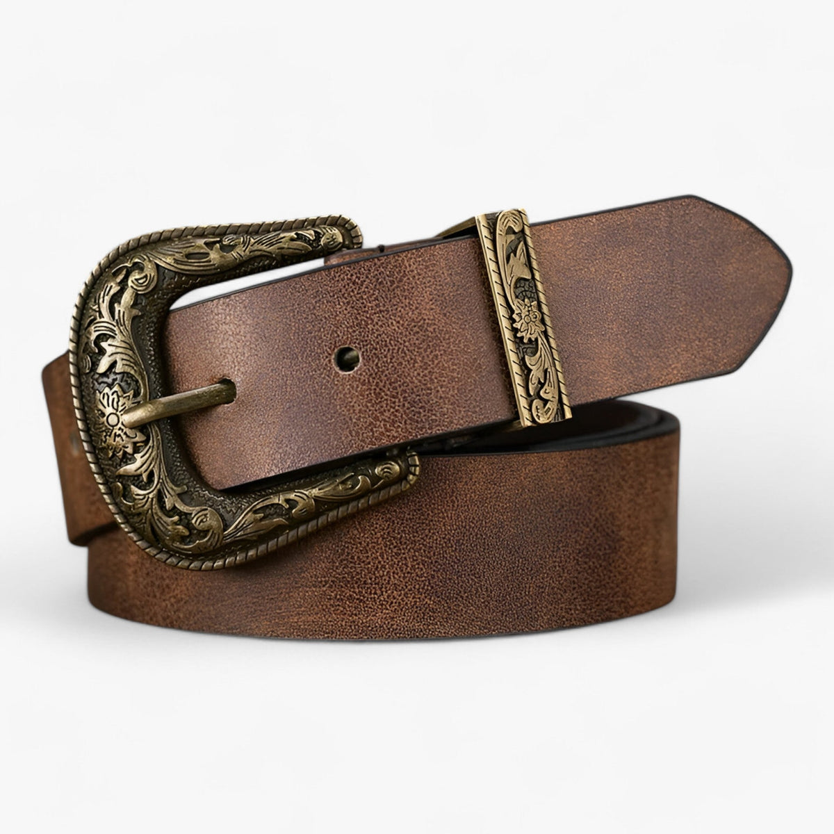 Unisex Faux Leather Belt with a Carved Vintage Floral Buckle