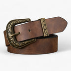 Unisex Faux Leather Belt with a Carved Vintage Floral Buckle