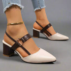 Block Heel Slingback Shoes with Gold Ring Detail