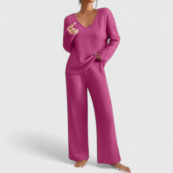 Ribbed Knit Lounge Set with V-Neck Top and Wide-Leg Trousers