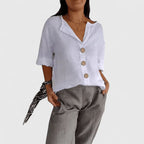 Cotton Linen Blend Blouse with V-Neck and Button Front