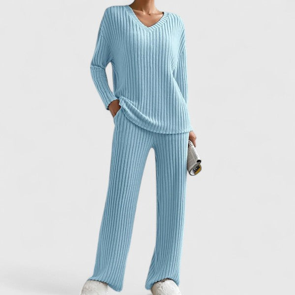 Ribbed Knit Lounge Set with V-Neck Top and Wide-Leg Trousers