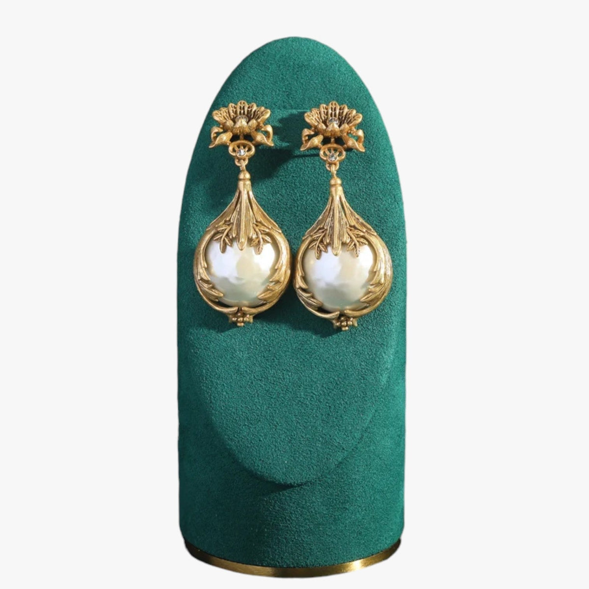 Vintage Floral Drop Earrings with Faux Pearls in Antique Gold