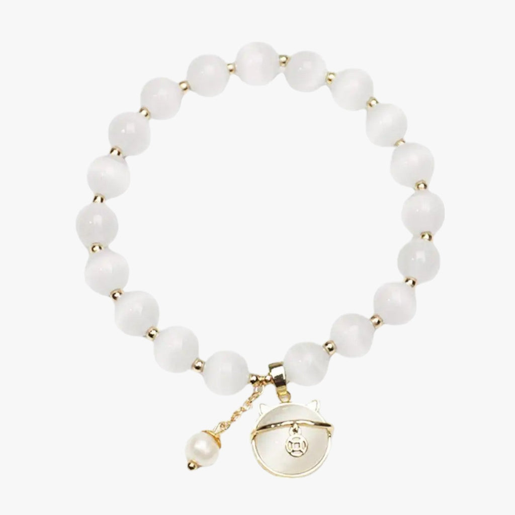 Adjustable Opal Bead Bracelet with Lucky Cat Charm