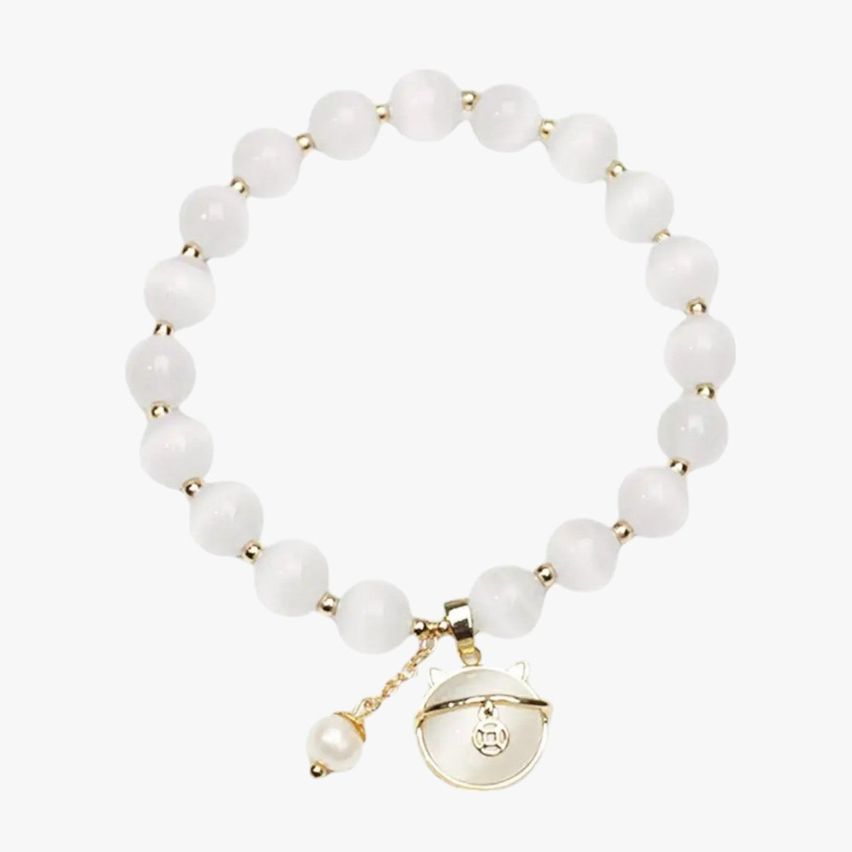 Adjustable Opal Bead Bracelet with Lucky Cat Charm