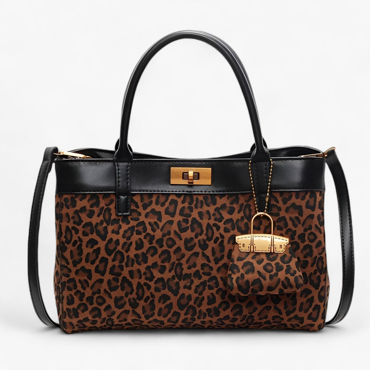 Leopard Print Tote Bag with Gold-Tone Clasp Detail