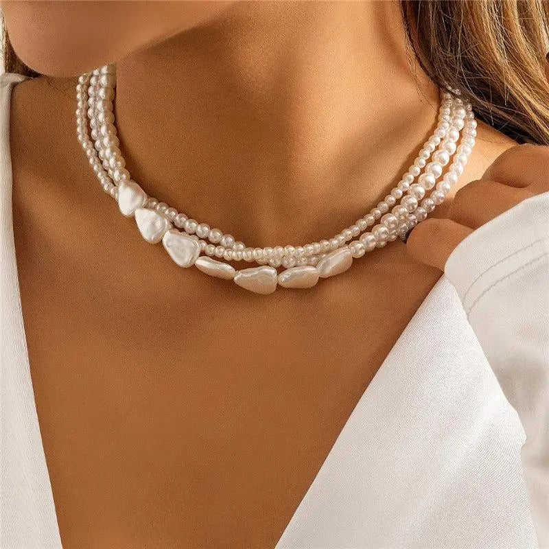 Multi-Strand Baroque Faux Pearl Layered Necklace with Soft Lustre
