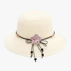 Foldable Straw Sun Hat with Decorative Flower Trim
