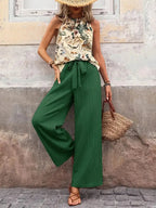 Checked Sleeveless Two Piece Set with Flowing Trousers