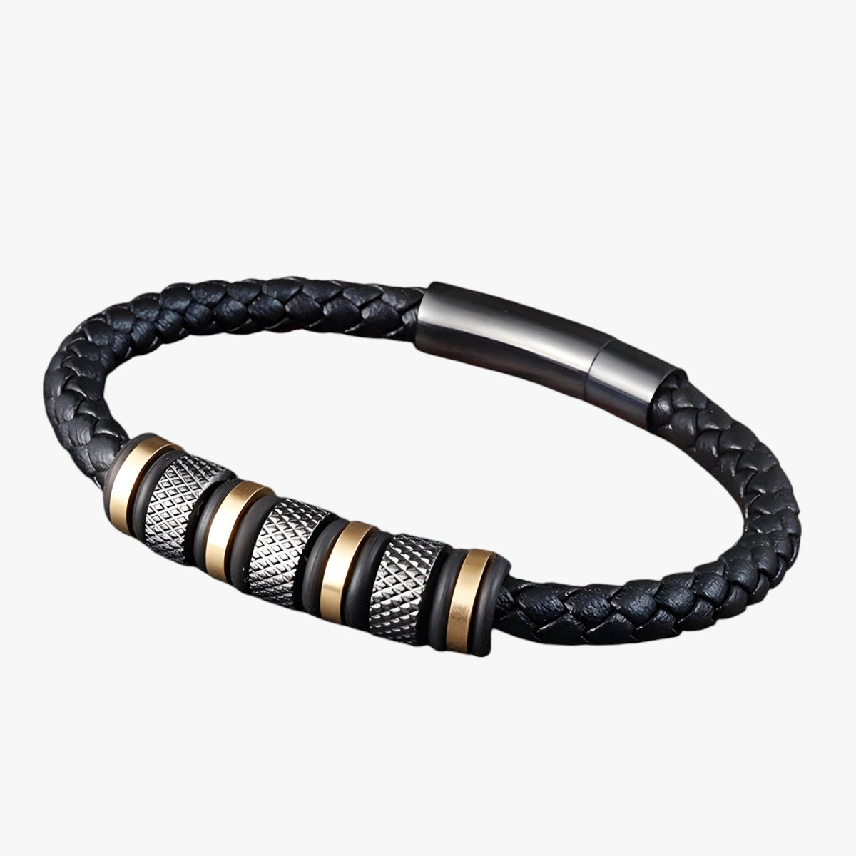 Braided Faux Leather Bracelet with Steel Beads and Magnetic Clasp