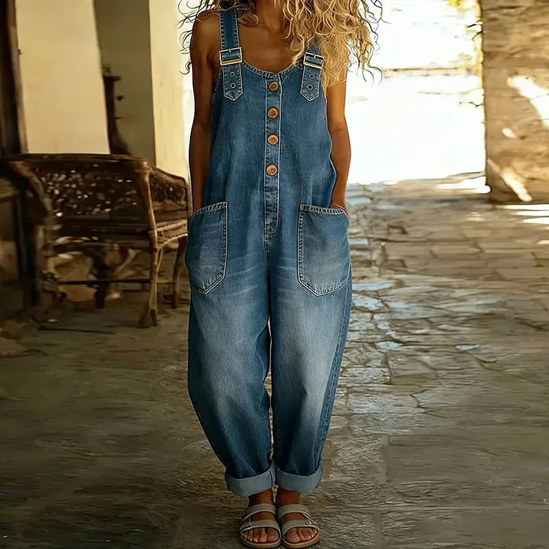 Denim Look Overalls with Adjustable Straps and Wide Leg