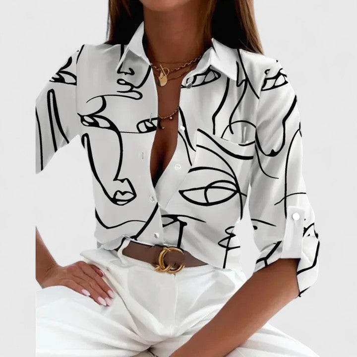 Printed Long Sleeve Blouse with Collar