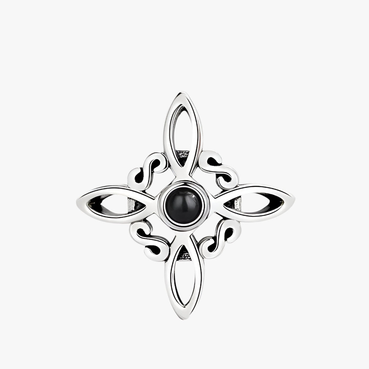 Silver-Tone Ring with Black Stone and Knot Design