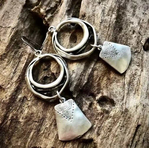 Hanging Square Dangle Earrings in Silver Colour with Crisp Lines