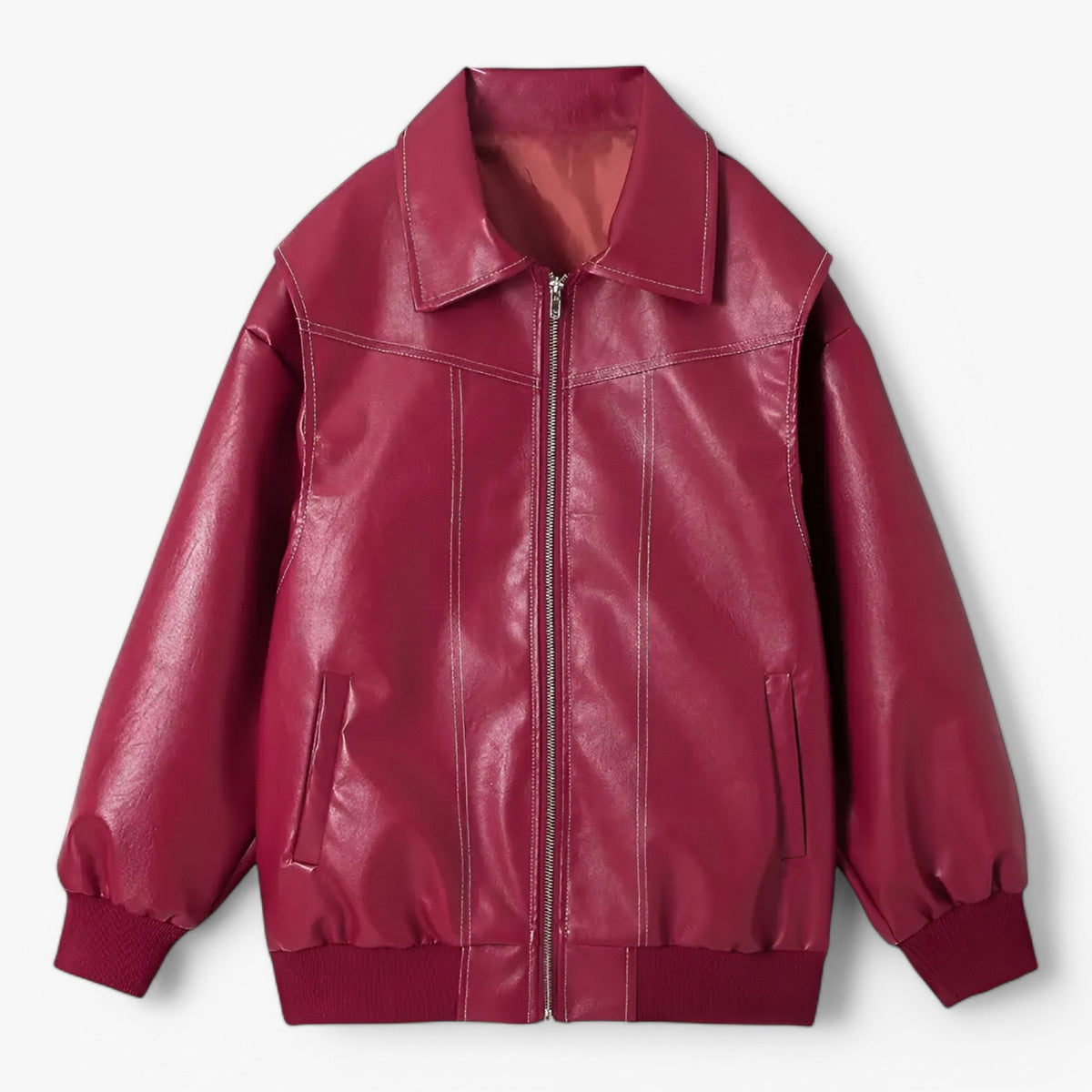 Oversized Faux Leather Jacket with Contrast Stitching