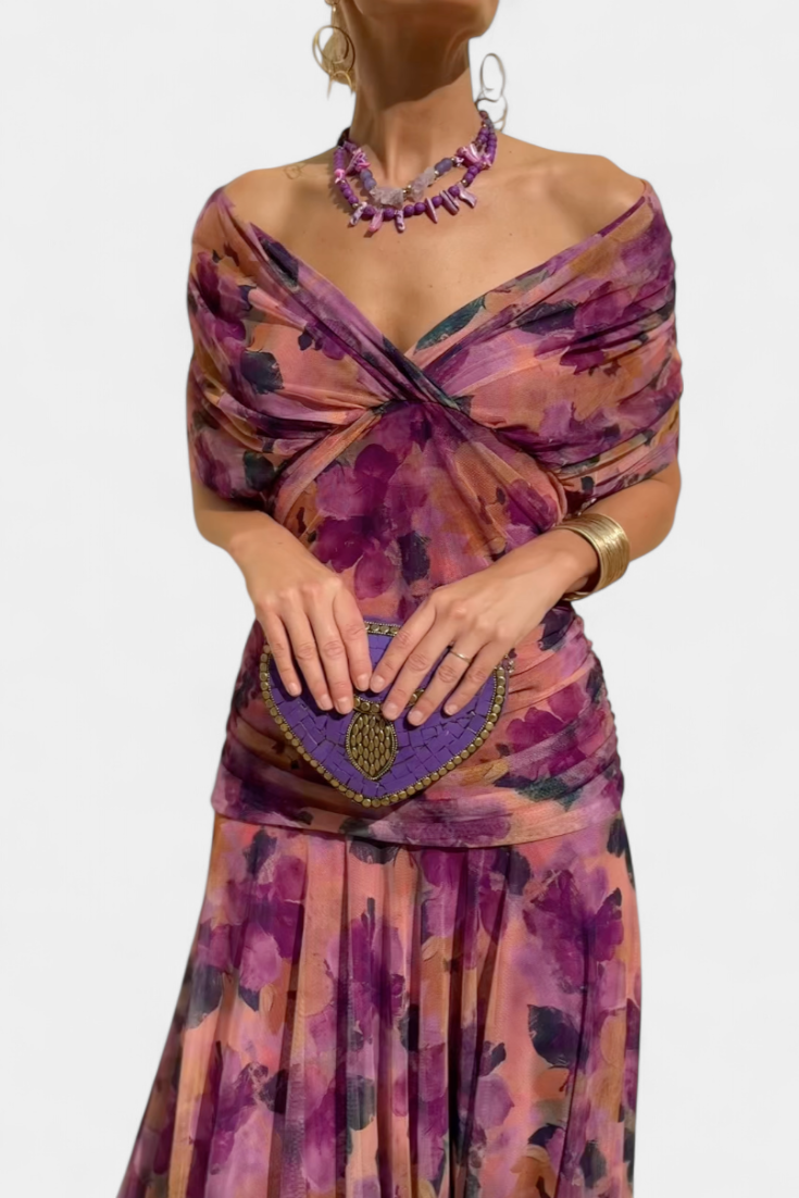 Floral Maxi Dress with V Neckline and Pleated Skirt