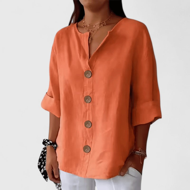 Cotton Linen Blend Blouse with V-Neck and Button Front
