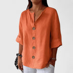 Cotton Linen Blend Blouse with V-Neck and Button Front