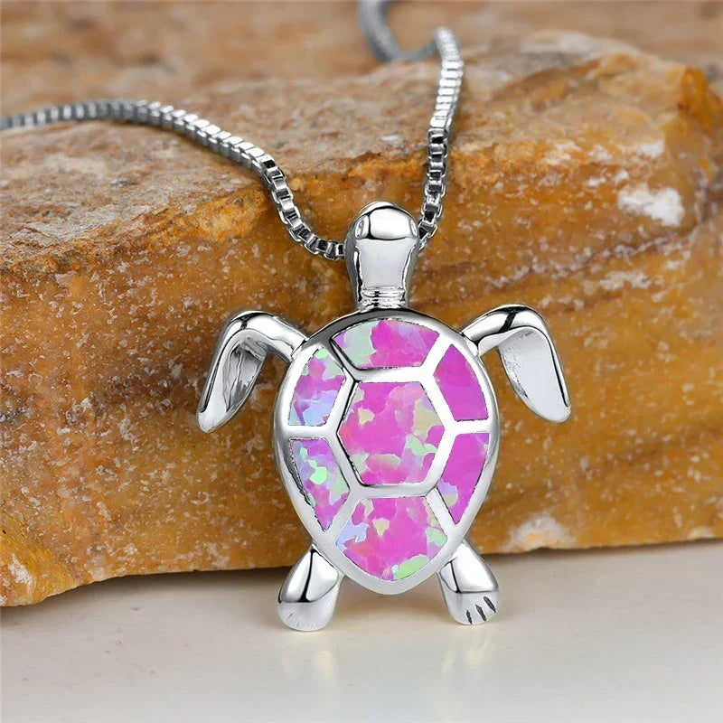 Vintage Turtle Pendant Necklace with Iridescent Stone