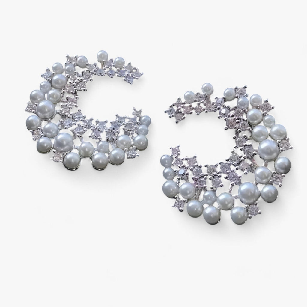 Silver-Tone Pearl Earrings with Zirconia Detail