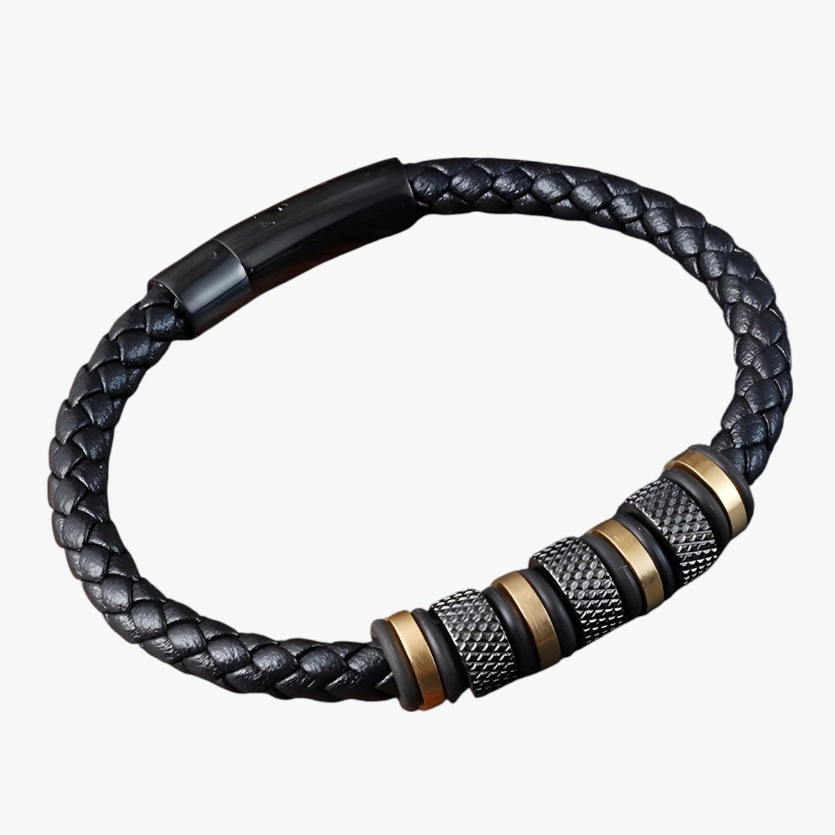 Braided Faux Leather Bracelet with Steel Beads and Magnetic Clasp