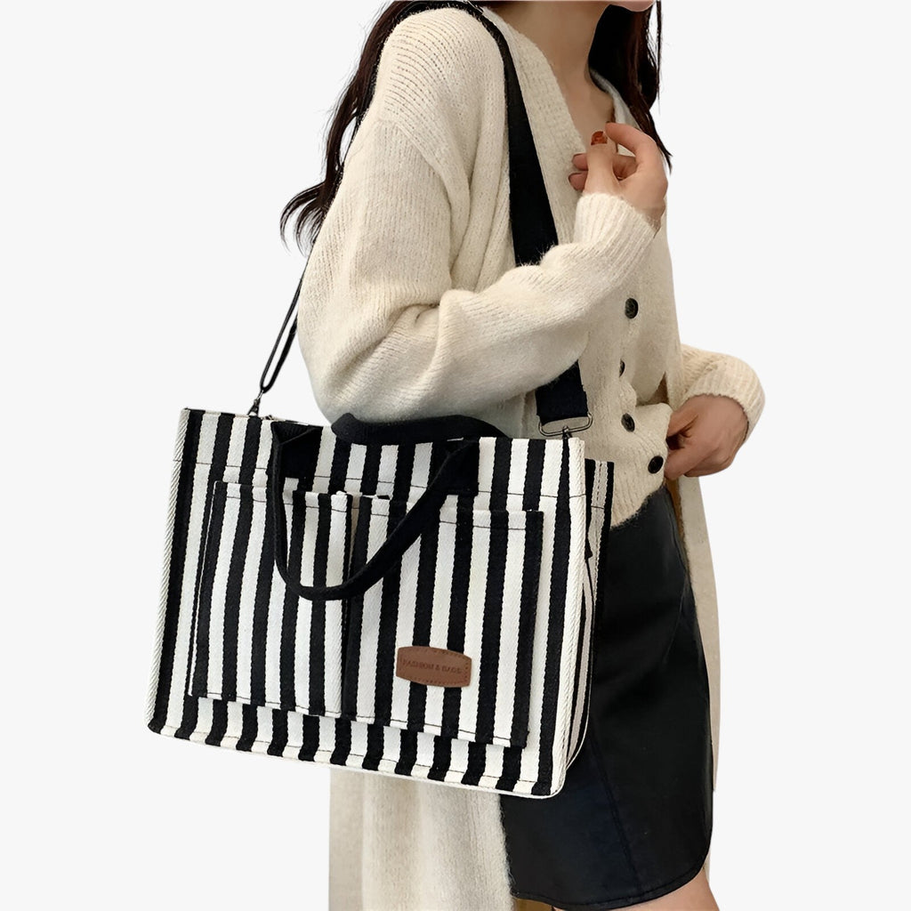 Spacious Striped Canvas Shoulder Bag for Day and Travel