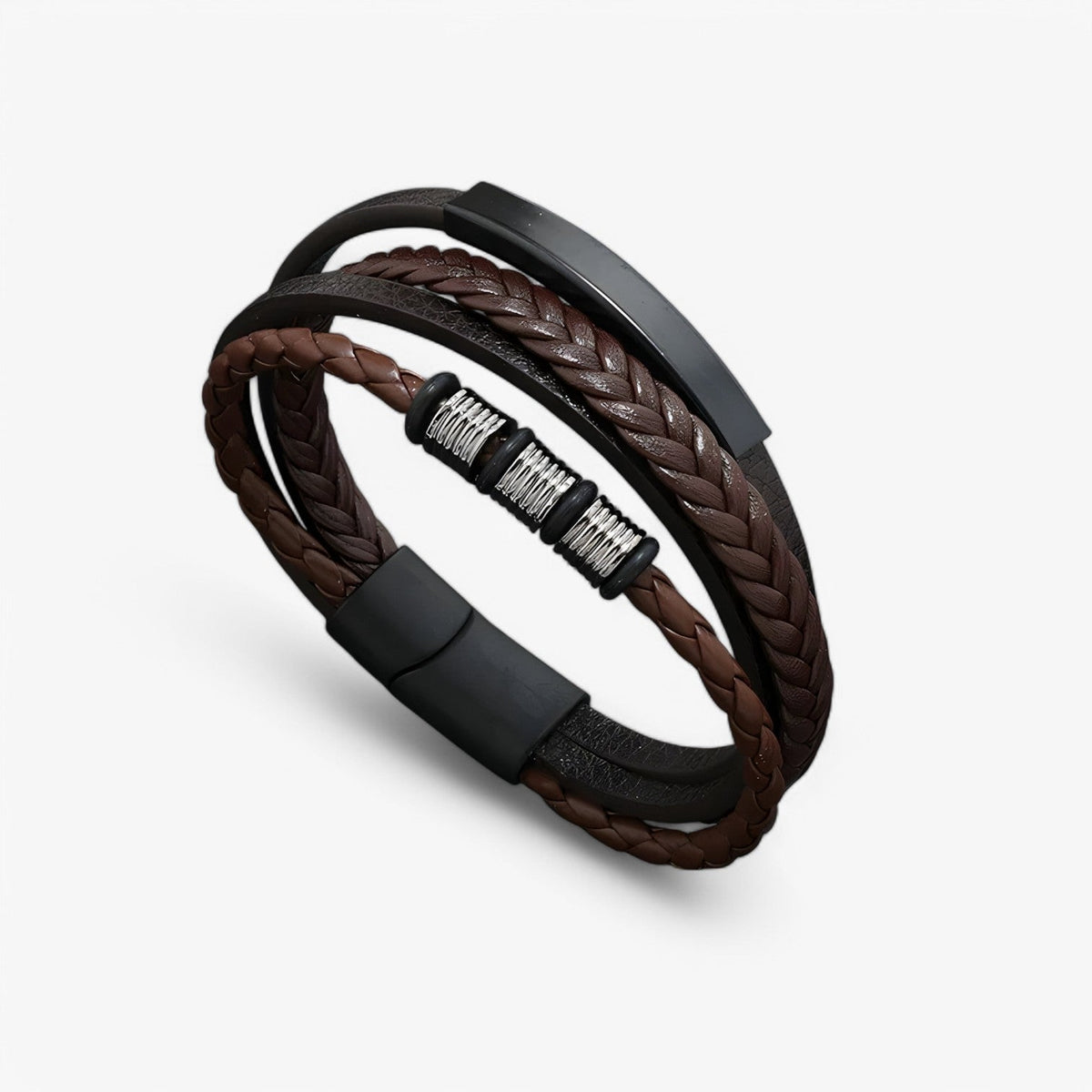 Braided Faux Leather Multi-Layer Bracelet with Steel Clasp