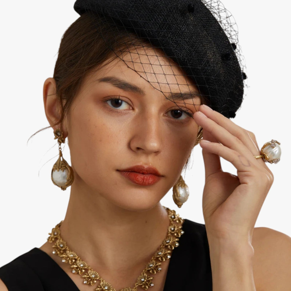 Vintage Floral Drop Earrings with Faux Pearls in Antique Gold