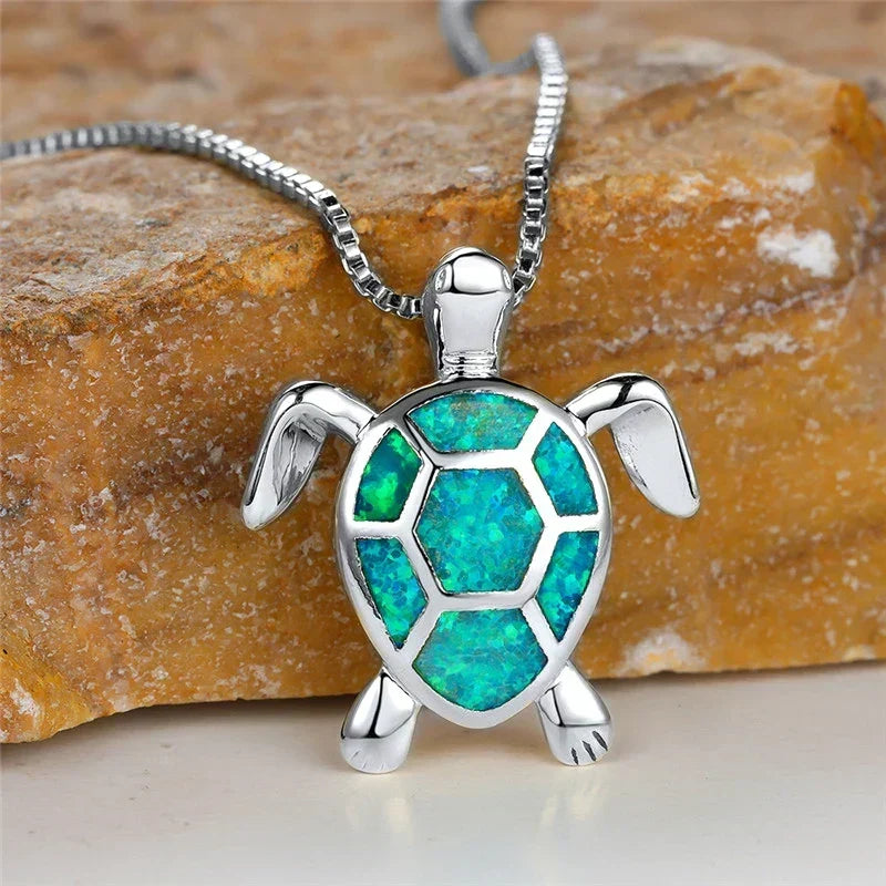 Vintage Turtle Pendant Necklace with Iridescent Stone
