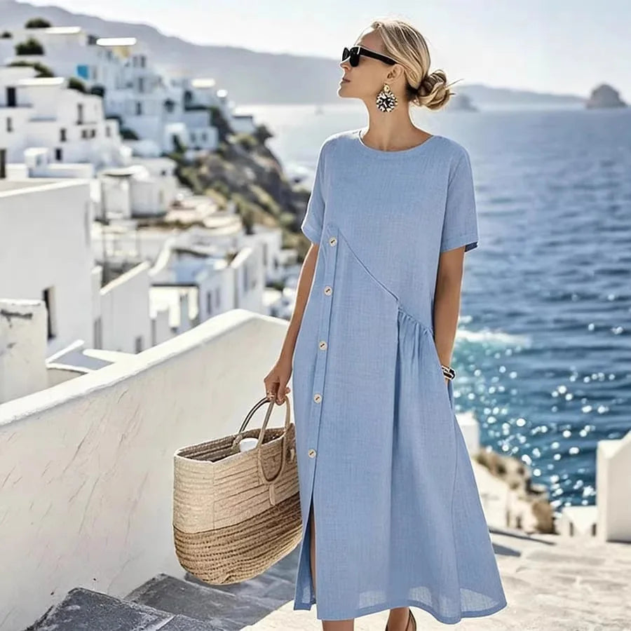 Relaxed Stretch Midi Dress with Round Neckline