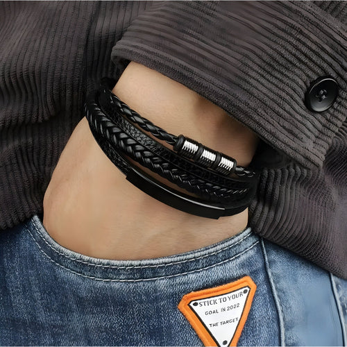 Braided Faux Leather Multi-Layer Bracelet with Steel Clasp