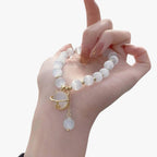 Adjustable Opal Bead Bracelet with Lucky Cat Charm