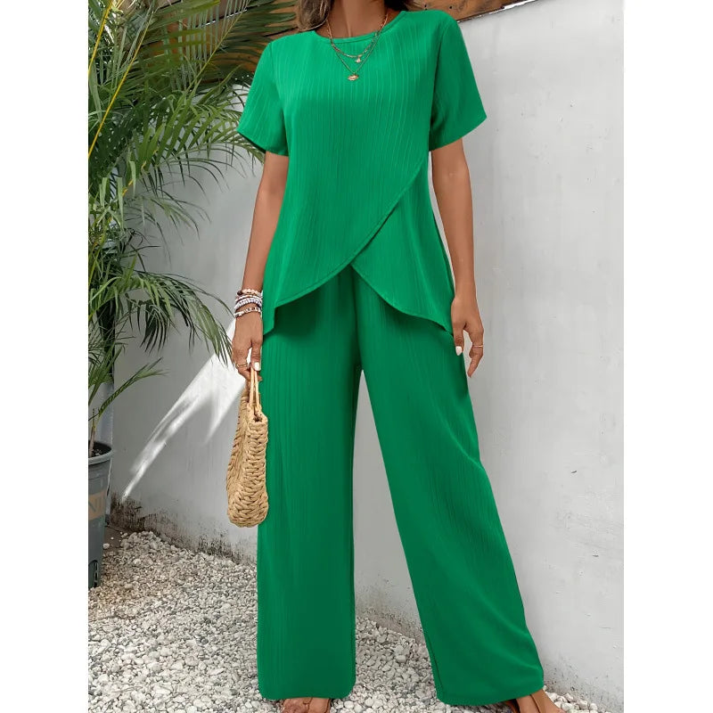 Checked Two Piece Set with Flowing Blouse and Relaxed Trousers