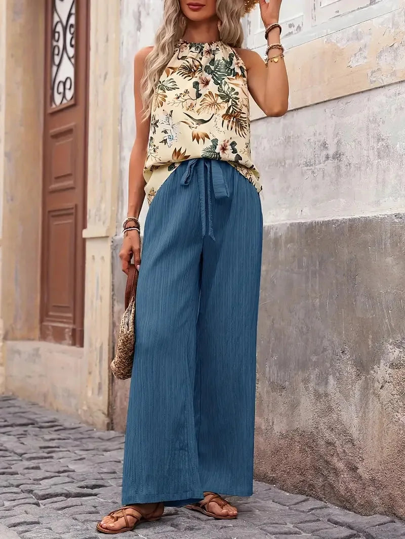 Checked Sleeveless Two Piece Set with Flowing Trousers