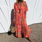 Tiered Floral Midi Dress with V Neckline
