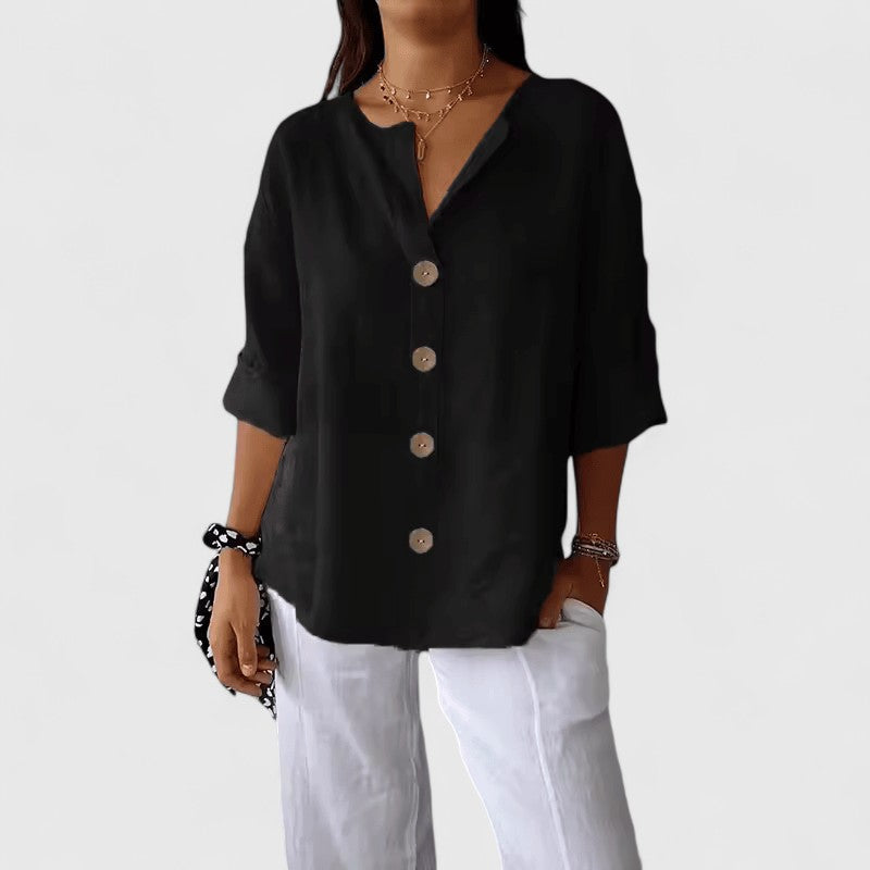 Cotton Linen Blend Blouse with V-Neck and Button Front