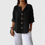 Cotton Linen Blend Blouse with V-Neck and Button Front