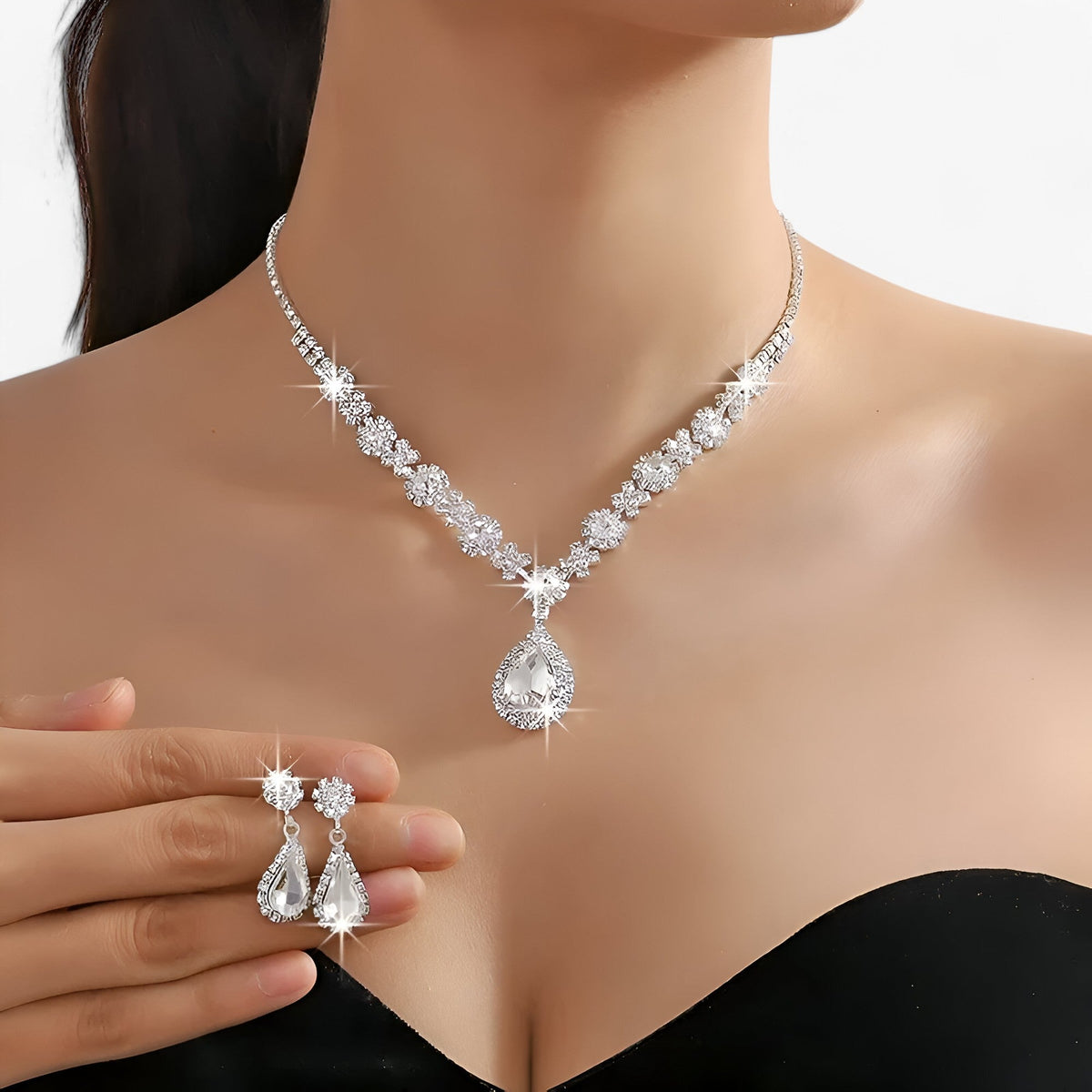 Rhinestone Drop Necklace and Earrings Bridal Set