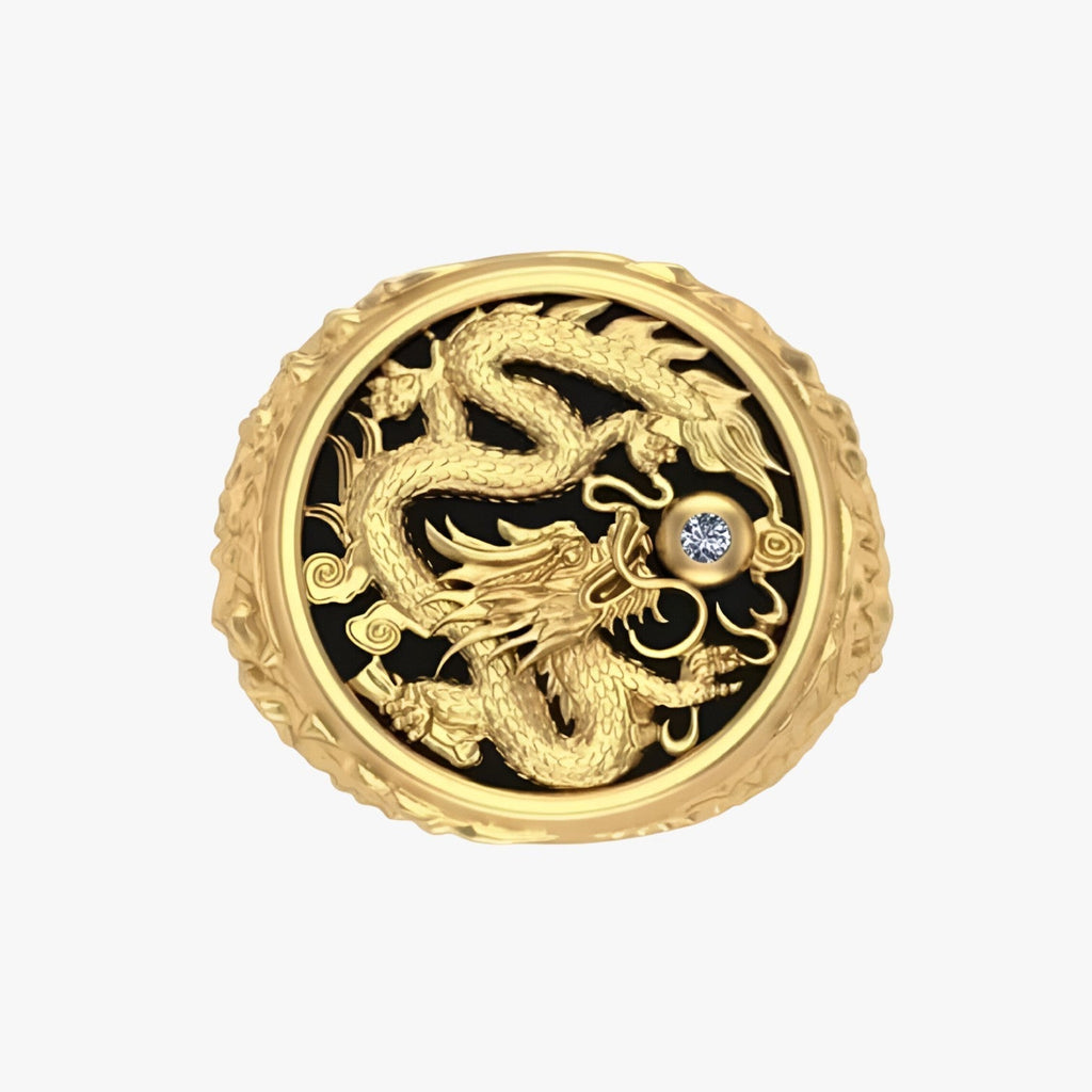 Statement-ring med drake i guldton och rostfritt stål