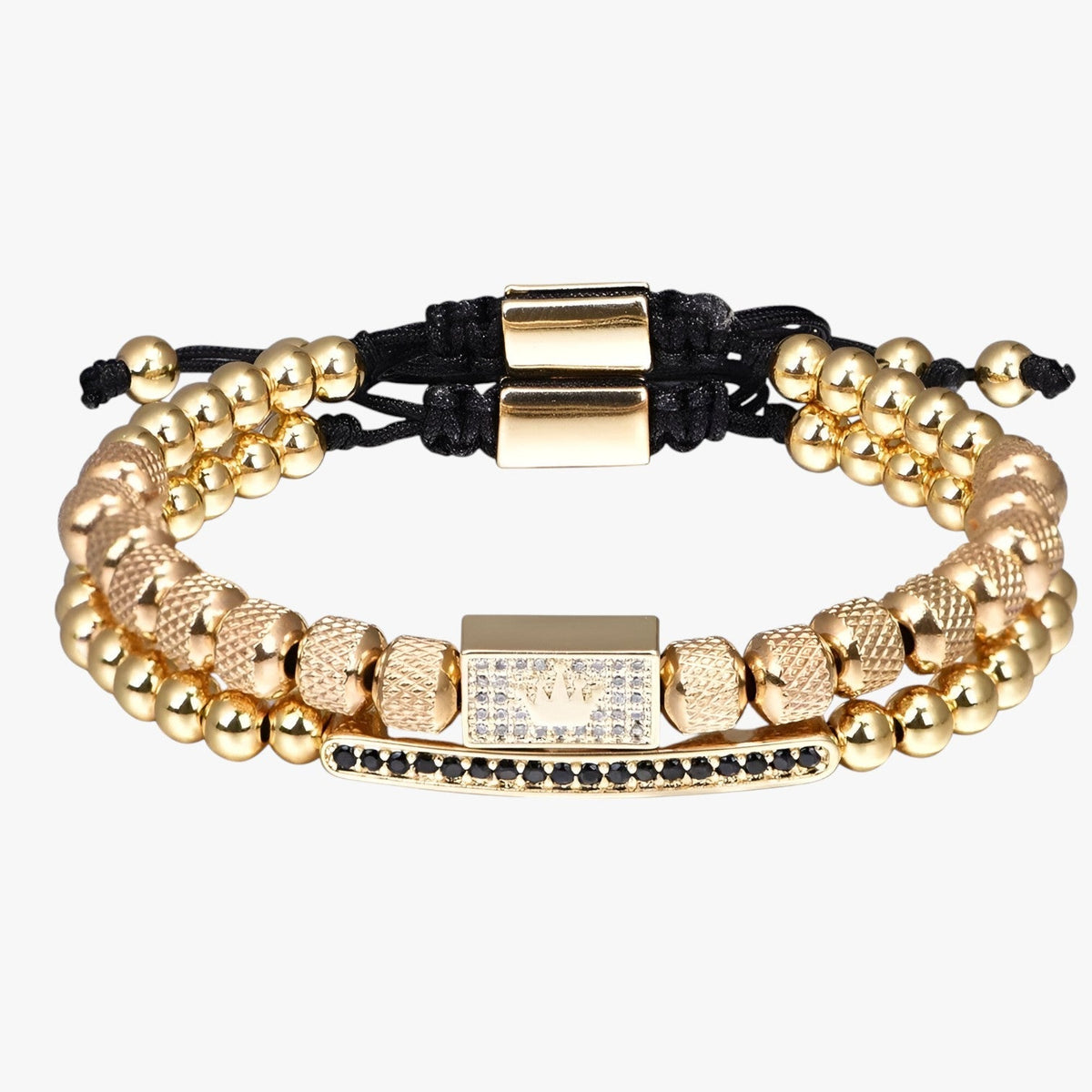 Set of Two Stainless Steel Beaded Bracelets with Crown Charm