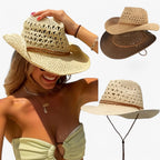Vintage Western-Style Foldable Straw Sun Hat with Ethnic Trim