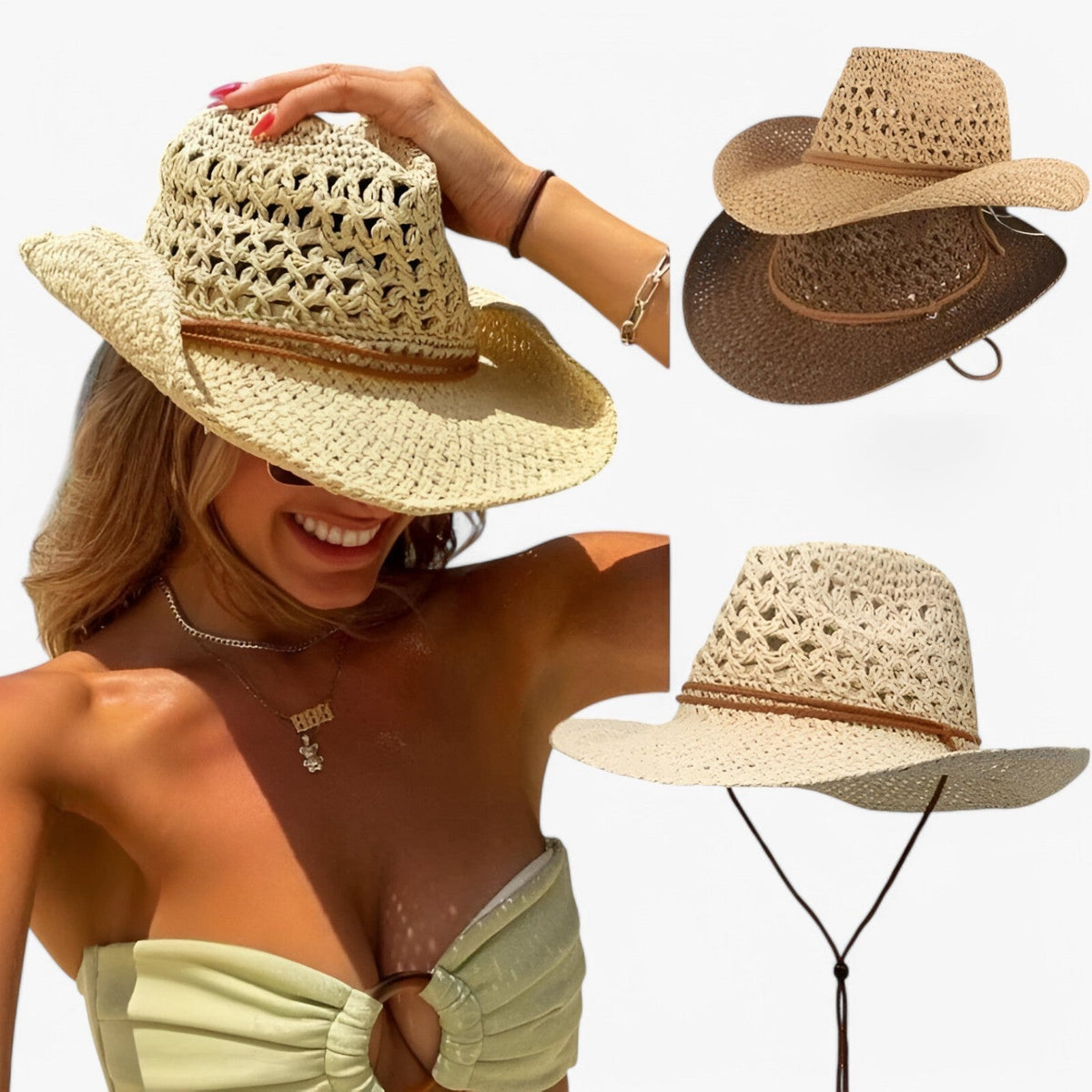 Vintage Western-Style Foldable Straw Sun Hat with Ethnic Trim