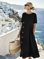 Relaxed Stretch Midi Dress with Round Neckline