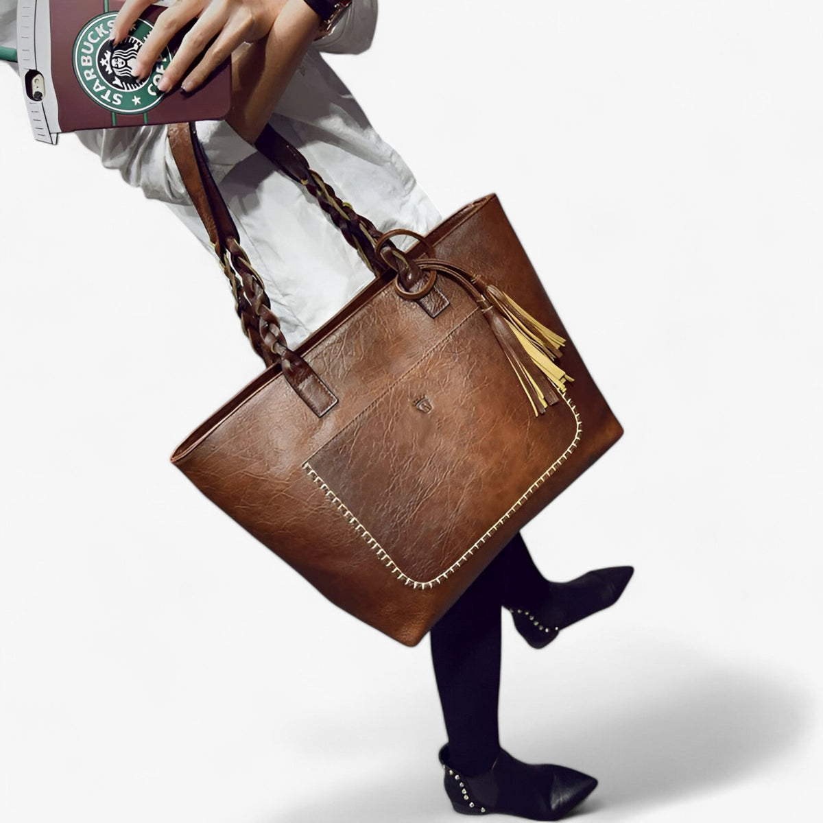 Faux Leather Shoulder Bag with Tassel Detail and Roomy Interior
