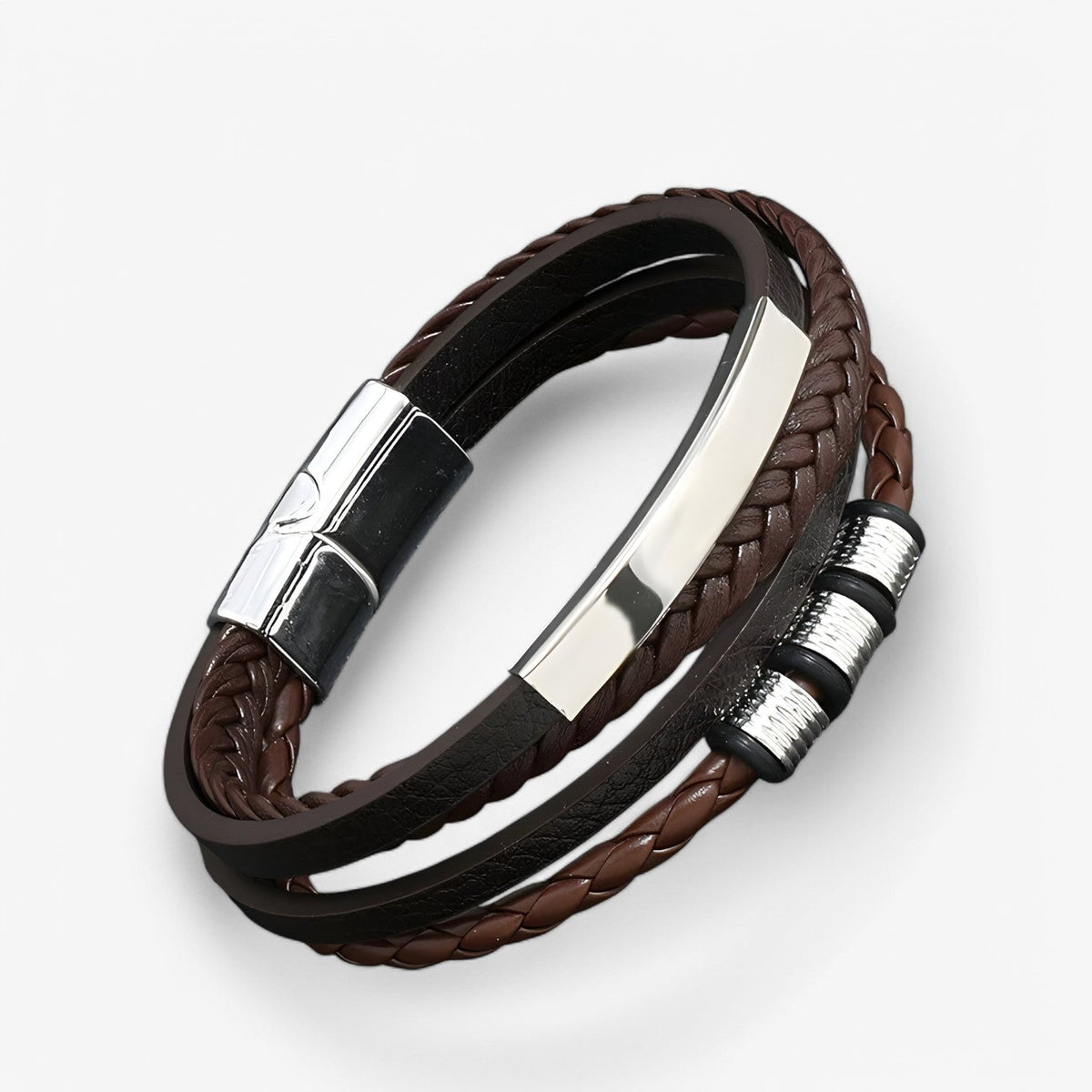 Braided Faux Leather Multi-Layer Bracelet with Steel Clasp