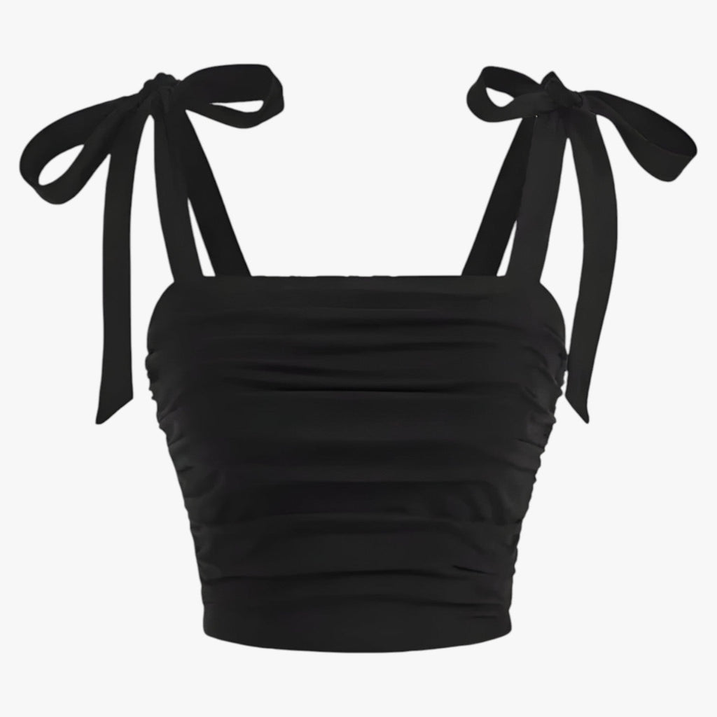 Ruched Backless Cami Crop Top with Shoulder Bow