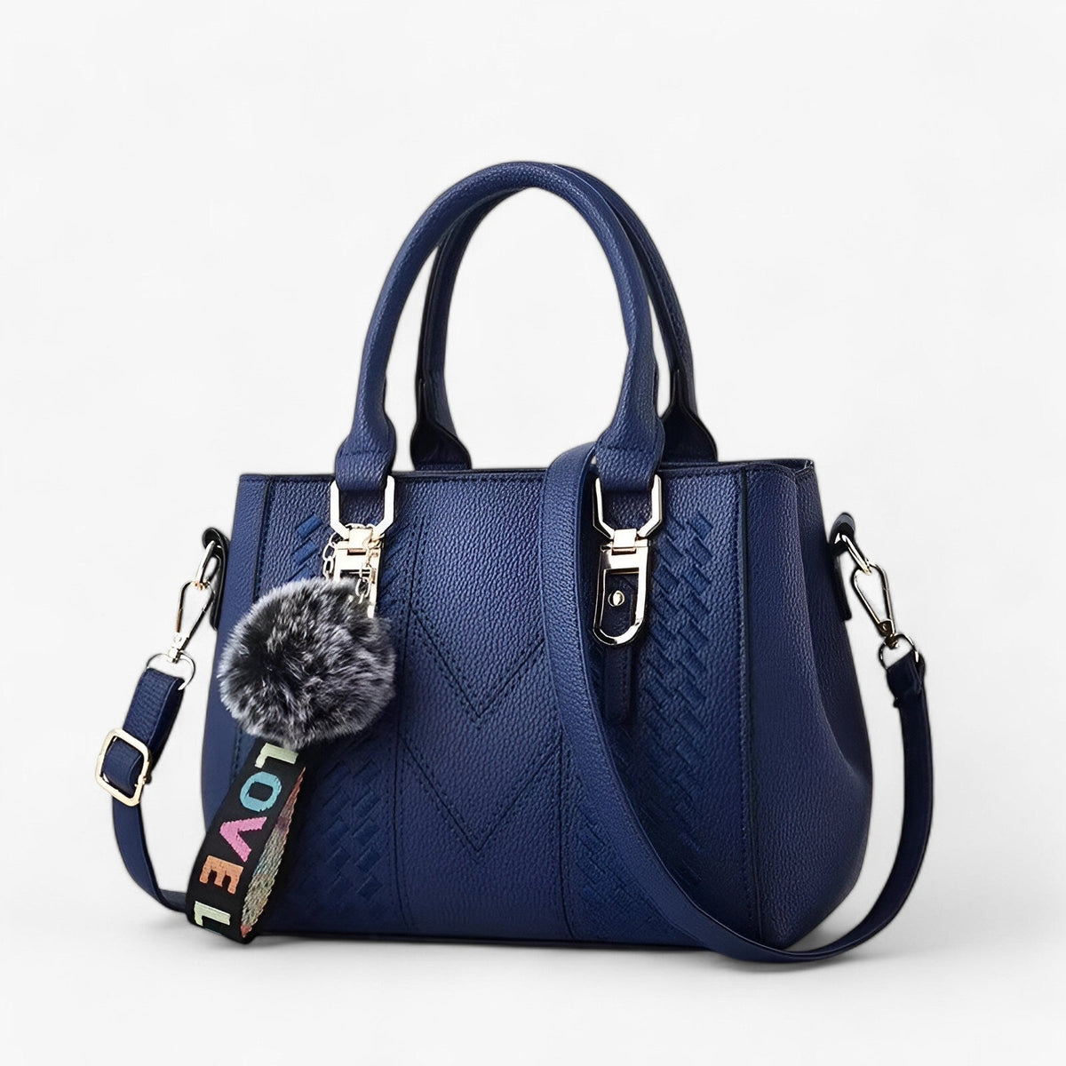 Faux Leather Messenger Bag with Pompon Detail