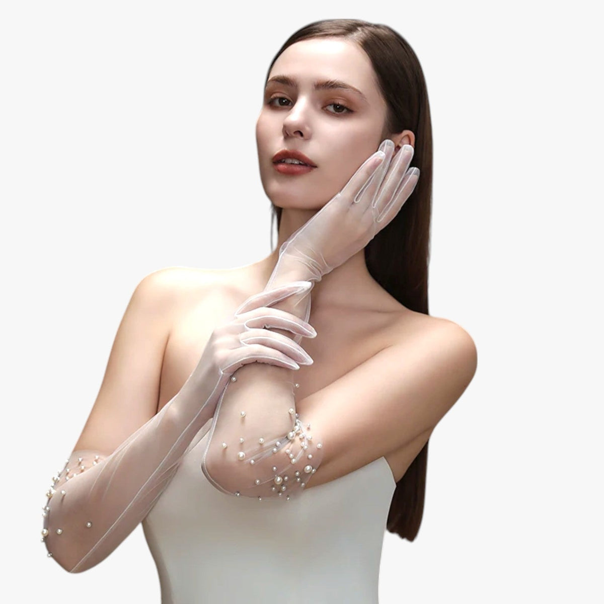 Sheer Tulle Bridal Gloves with Hand-Sewn Bead Detail