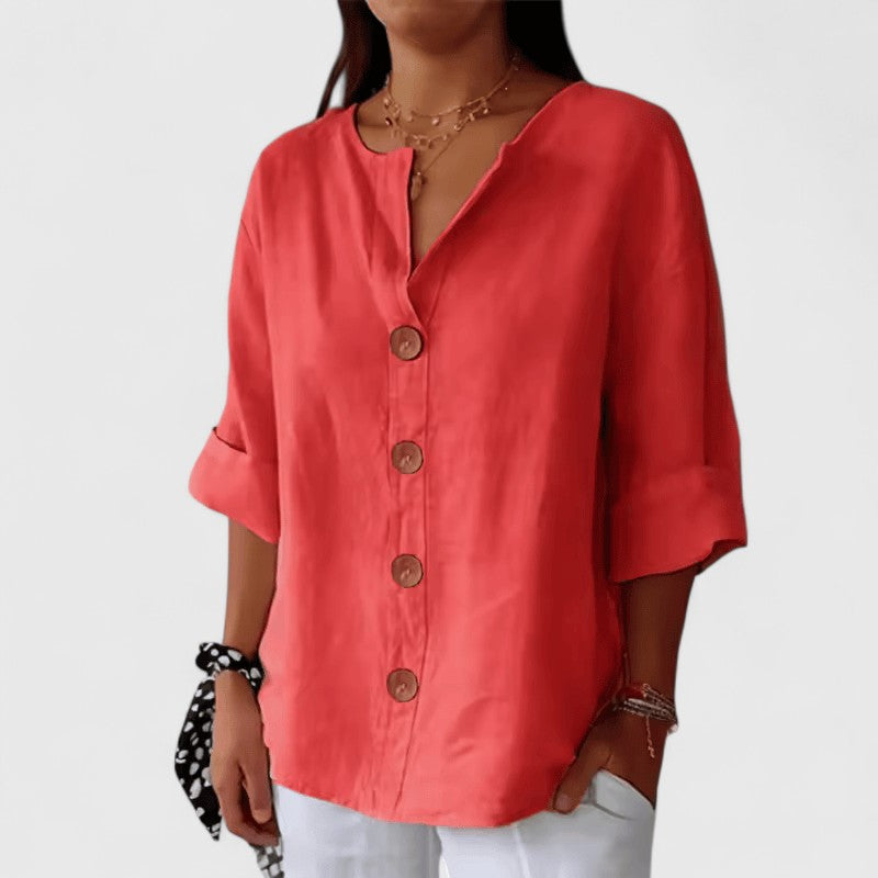Cotton Linen Blend Blouse with V-Neck and Button Front