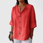 Cotton Linen Blend Blouse with V-Neck and Button Front